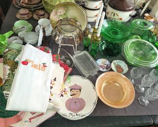 Vintage tea linens. Green depression glass. Vintage Ardalt and Paragon teacup sets