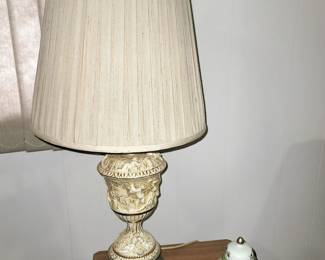 Vintage Capodimonte cherub lamp with gold dolphin feet. Ginger Jar