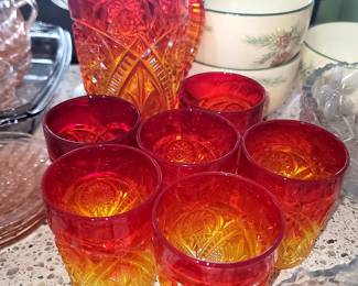Vintage Amberina "Yesteryear" glass pitcher and glass set