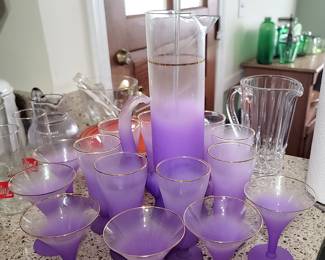 Vintage Blendo frosted glass barware. Pitcher, six martini glasses, seven parfait glasses