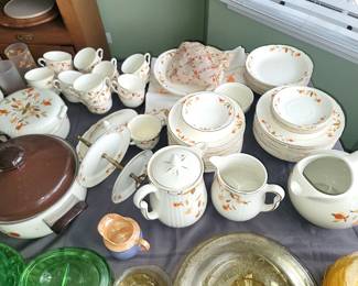 Several pieces of vintage Hall Pottery "Autumn Leaf" dinnerware