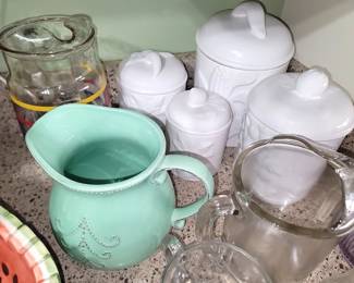 Harry and David pitcher. Over and Back white canister set. Vintage rainbow stripe pitcher.