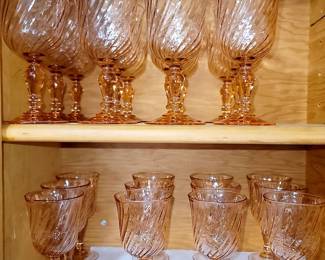 Cristal D Arques Durand Roaslind Pink Swirl  (12) Water & (12) Wine Glasses