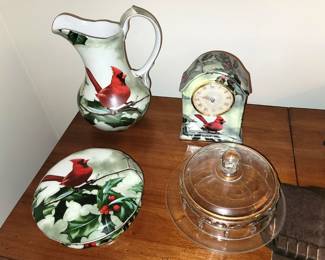 Hautman Brothers Cardinal candy dish, clock and pitcher