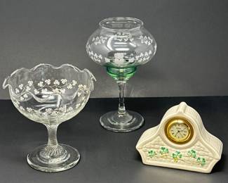 Irish Glass & Belleek Clover Desk Clock