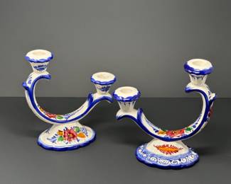 Pair Hand Painted Alcobaca Pottery Portugal Candlesticks