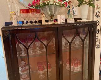Cranberry glass, China cabinet, L.E. Smith fan vase, 