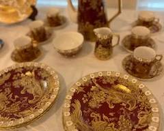 Coffee Set and plates from Crown Derby Gold Aves in maroon. No chips or cracks.