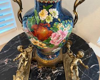 Cloisonne style lamp. Brass wall sconces.