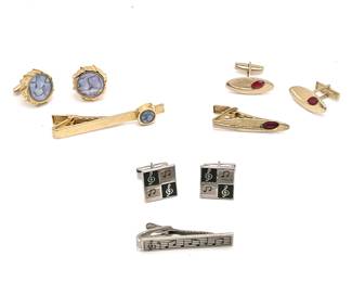 (3) Sets Of Matching Cuff Links & Tie Clips
