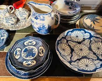 Large collection of blue and white dishes
