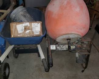cement mixer and wheel barrow