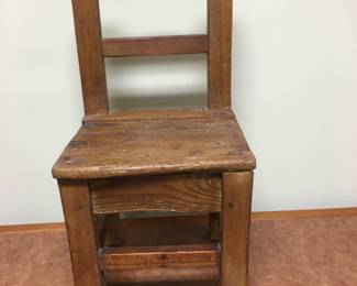 Very primitive child’s chair handmade of pine. It’s pegged and square nailed too.