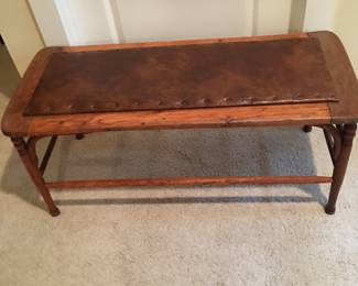 Early Oak Bench, 40Lx17Dx18H I have owned this since 1980, purchased from a Georgia estate, it is covered in the leather as I bought it. Used at the foot of a bed. Sturdy and can be recovered if you like something different.
