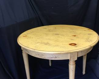 British Traditions Inc Reproduction European Country Furniture, Made by Hand in the USA  This is a beautiful Shabby Chic distressed table. Measurements 38.5” Round x 30 High, 26” High to Apron