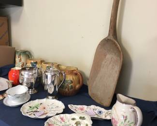 Blue Ridge Southern Pottery some unusual pieces a wooden grain shovel that is rare to find, backside has old Roseville pottery pitchers