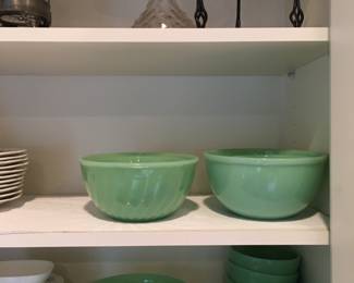 Ribbed swirl and smooth Jadeite  by Fireking Batter bowl with spout.  These are old. Also the Fostoria Cake Plate is for sale