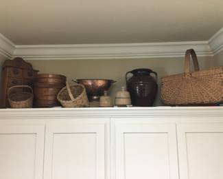 Old spice box sugar bucket butter molds and nice old buttock basket. Many hand splint baskets in estate but not pictured.