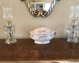 Limoge toureen beautiful shape. Mid century hurricane lamps with glass crystal prisms, both have been newly electrified.