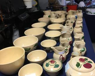 Collection Watt Ware apple, star flower, bleeding heart, tulip,  chicken from bowls mugs bean pot and cookie jars