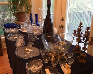 Some Heisey  glass Other useful glassware, amethyst  art glass with stopper cobalt blue glassware