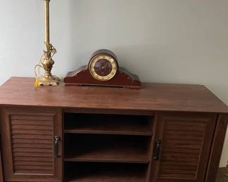 TV Stand, Goldtone Lamp, Antique German Style King Clock
