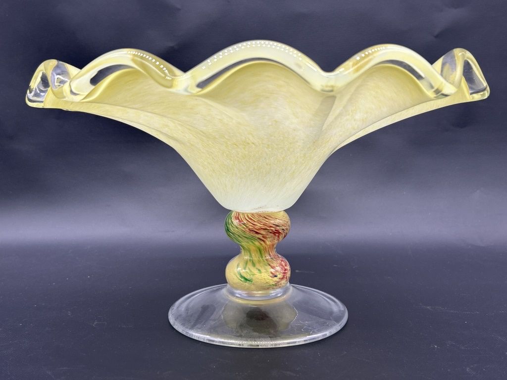 Murano Art Glass Compote w/ Ruffled Edge, Marked