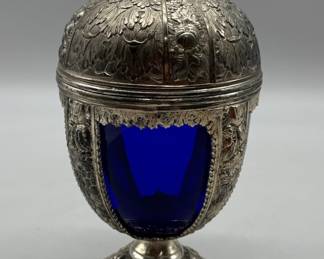 Fabergé Style Cobalt Blue & Metal Egg Trinket Box