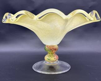 Murano Art Glass Compote w/ Ruffled Edge, Marked
