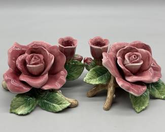 (2) Vtg. Capodimonte Porcelain Roses Candlesticks