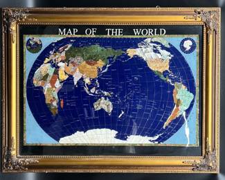 Semi-Precious Gemstone World Map in Gold Frame
