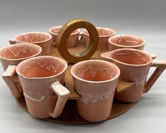 Mid Century Pink Pottery Mugs in Teak Stand