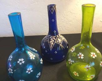 3 Hand Blown Vintage Painted Vases