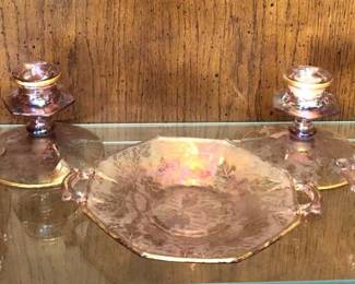Lavendar Fostoria Leaf Pattern Candlesticks Candy Dishes