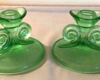 Green Fostoria Versailles Candlestick Set