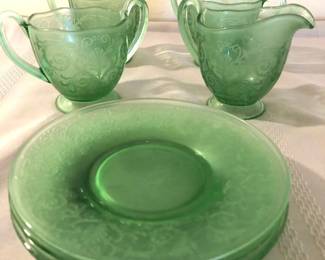 Green Fostoria Versailles Sugars, Creamers Saucers