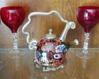 Paul Counts Signed Glass Teapot Red Stemware