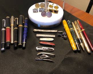 Vintage Sterling Mens Tie Clips, Ox Bow Cufflinks, Pelican Pens