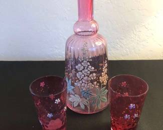 Vintage Hand, Painted And Hand Blown Glass, Vase And Glasses