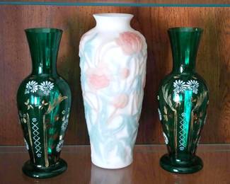 Pink Green Embossed Vase With 2 Green Painted Glass Vases