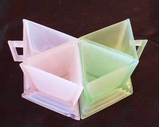 2 Sets Antique, Modernist Style New Martinsville Satin Cream  Sugar