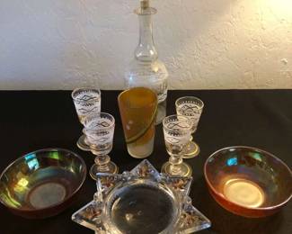 Vintage Art Deco Drink Set, Irridescent BowlsHand Painted Painted Glass