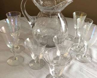 Clear Fostoria Pitcher With Glasses