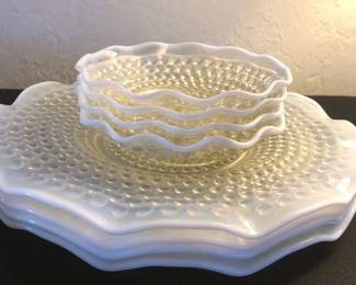 4 Vintage Ruffled Moonstone Hobnail Plates, Plus Small Bowls