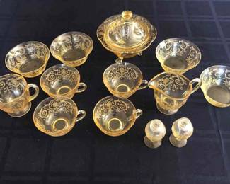 Yellow Fostoria Versailles Teacups, Sugar Bowl More