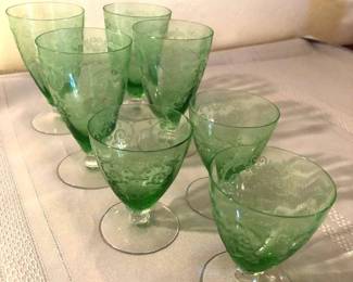 Green Fostoria Versailles 4 Water  3 Dessert Glasses
