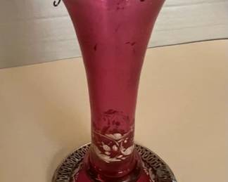 Cranberry vase, accommodates hanging crystals