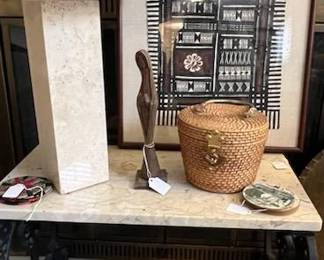 Lamp, marble top table, art objects