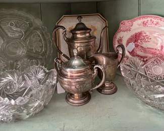 Glass, sterling coffee set. Johnson Brothers "Old Britain Castle" platter