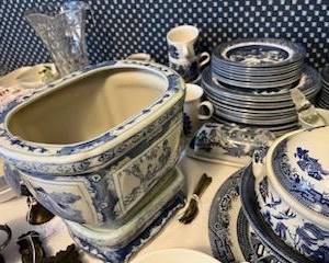 Transferware including blue willow style pattern